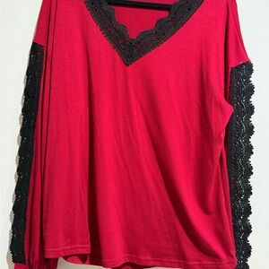 Red Lace Trim Women's Top in Size L/XL